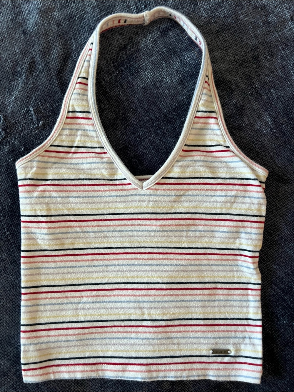 Hollister Striped Halter Tank Top in Cream with Red & Black Stripes - Size XXS